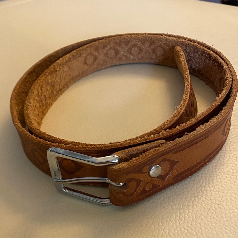 Leather Tooled Western Belt with Silver Buckle